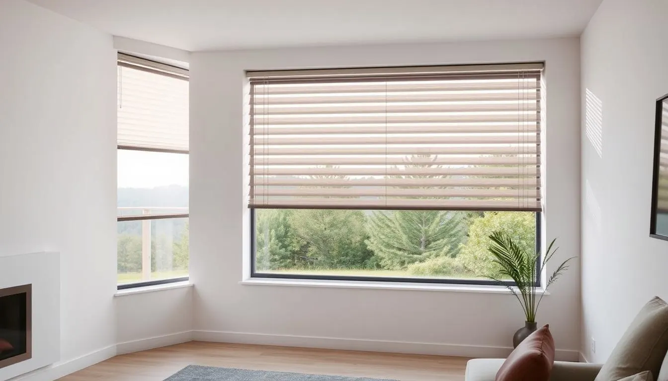 A sleek, minimalist interior with a large window overlooking a serene, natural landscape. Prominently featured are smart, automated window blinds that seamlessly integrate with the room's decor. The blinds are composed of slim, metallic slats that can be programmed to adjust their position and opacity, controlling the flow of natural light to optimize energy efficiency. Soft, diffused lighting from the window filters through the blinds, creating a warm, inviting ambiance. The room's neutral color palette and clean lines emphasize the sophisticated, high-tech nature of the automated window treatment system.