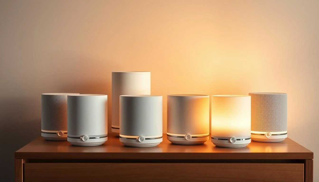 A sleek, modern arrangement of several white noise machines on a minimalist wooden nightstand. The devices are illuminated by warm, diffused lighting, casting a soft, calming glow across the scene. The machines are depicted at various angles, showcasing their clean, cylindrical designs and subtle tactile controls. The background is a muted, neutral-toned wall, allowing the white noise machines to be the focal point. The overall atmosphere evokes a sense of tranquility and relaxation, perfectly suited for a cozy bedroom setting focused on improving sleep quality.