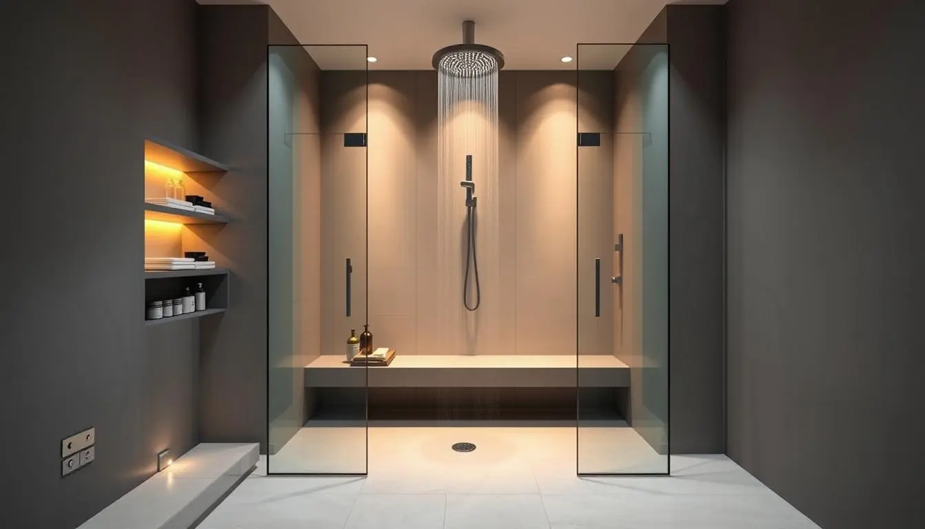 A sleek, modern bathroom with a thoughtfully designed shower space. The shower enclosure features minimalist glass panels that create an open, airy feel, maximizing the sense of space. Recessed shelving within the shower walls provides ample storage for toiletries, while a built-in bench seat allows for comfortable relaxation. Warm, indirect lighting from concealed fixtures casts a soft glow, setting a calming atmosphere. The floor is covered in smooth, neutral-toned tiles that seamlessly extend into the shower area, creating a cohesive, visually expansive look. An oversized rain shower head dominates the focal point, promising a luxurious, spa-like experience. Overall, the design strikes a balance between functionality and aesthetic appeal, showcasing clever space optimization techniques.