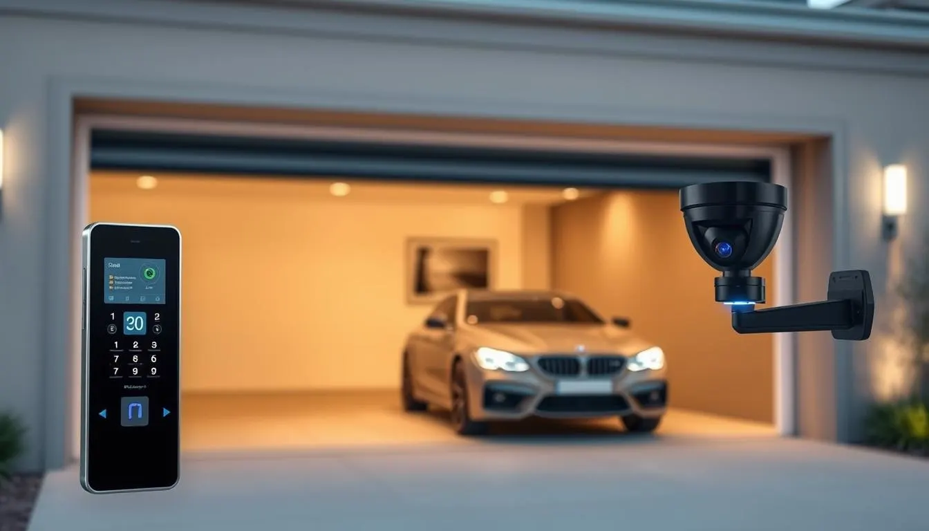 A sleek, modern garage door automation system with seamless integration of smart home technologies. The foreground showcases a high-tech garage door control panel, featuring a touch screen interface and biometric security access. In the middle ground, a camera-equipped smart sensor system monitors the driveway and garage entrance, with discreet LED lighting for nighttime visibility. The background depicts a contemporary garage exterior, with clean lines, neutral tones, and a subtle, minimalist aesthetic. Soft, warm lighting creates a welcoming ambiance, while the overall scene conveys a sense of advanced, efficient home security automation.