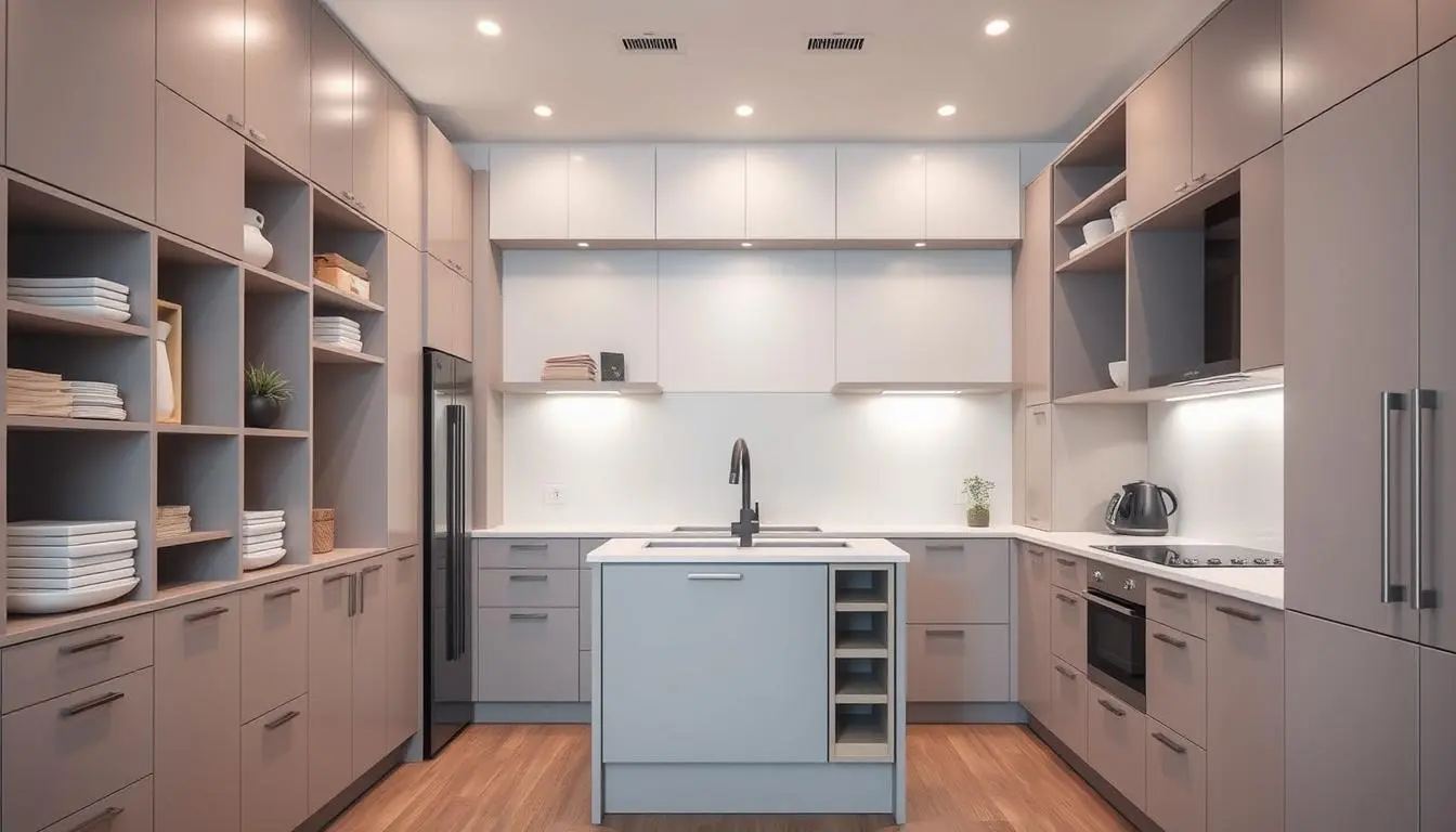 A sleek, modern kitchen showcasing clever space-saving design techniques. The foreground features an array of neatly organized cabinets, drawers, and shelves that maximize vertical and corner storage. The middle ground highlights a compact, multifunctional kitchen island with built-in prep space and hidden storage compartments. In the background, a minimalist backsplash and muted color palette create a calming, uncluttered atmosphere. Soft, diffused lighting from recessed fixtures and under-cabinet LEDs accentuate the clean, streamlined aesthetic. The scene is captured from a slightly elevated, wide-angle perspective to emphasize the efficient, space-conscious layout.