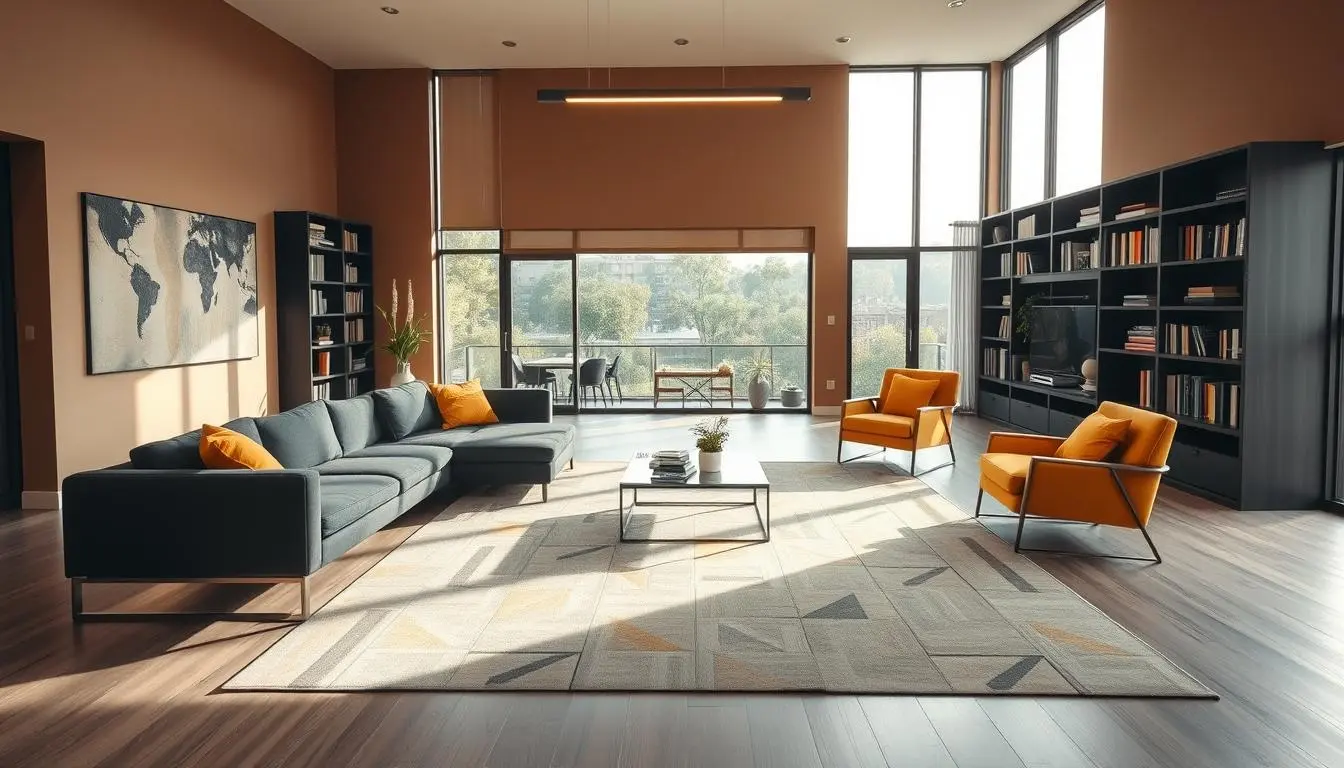A spacious, contemporary living room bathed in natural light. The focal point is a sleek, minimalist sofa in charcoal gray, complemented by mustard yellow armchairs and accent pillows. The walls are painted in a muted, earthy tone, creating a warm and inviting atmosphere. A large, geometric-patterned area rug in shades of gray and yellow grounds the space. Overhead, a modern, linear light fixture casts a soft, ambient glow. Tall, minimalist bookshelves line the walls, adding depth and visual interest. The large windows offer a panoramic view of a lush, urban landscape, blurring the lines between indoor and outdoor living.