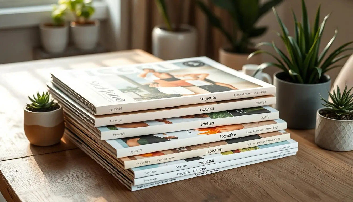 A stack of regional home decor magazines with eco-friendly materials like recycled paper, soy-based inks, and plant-based covers. The magazines are arranged on a wooden table with natural textures, surrounded by potted plants and minimalist home accessories. Soft, warm lighting from a window casts a natural glow, highlighting the organic, sustainable aesthetic. The overall mood is one of mindful, nature-inspired design.