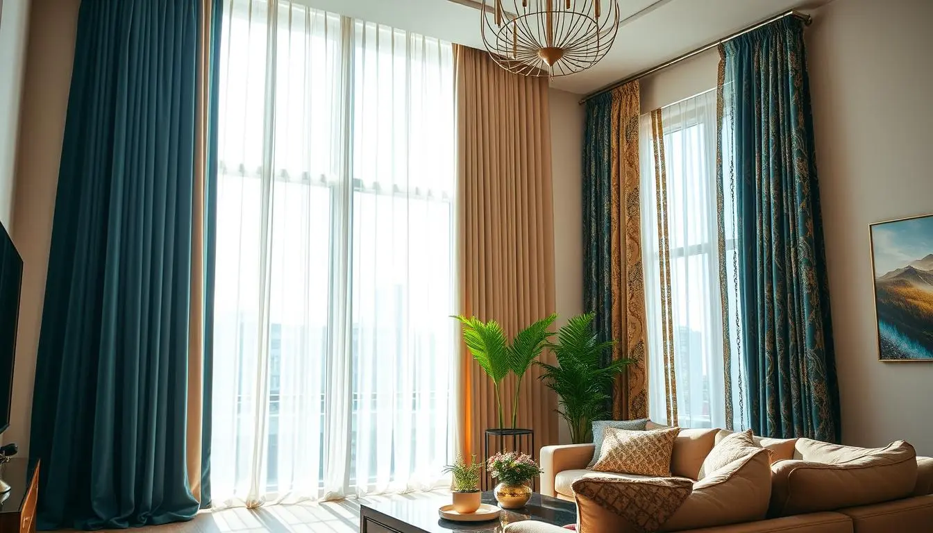 A sunlit, stylishly decorated living room featuring the best curtain ideas for 2025. In the foreground, luxurious floor-to-ceiling curtains in a rich, jewel-toned velvet cascade elegantly, accentuating the room's high ceilings. The middle ground showcases trendy sheer panels that softly filter the natural light, creating a warm, inviting ambiance. In the background, a mix of patterned and textured curtains in complementary hues frame the large windows, seamlessly blending with the room's contemporary decor. Warm, diffused lighting from discreet sources casts a flattering glow, highlighting the carefully curated curtain designs that transform this space into a welcoming, visually captivating haven.