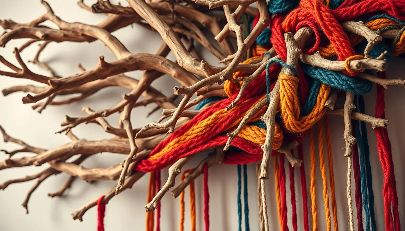 A vibrant, handcrafted wall hanging featuring an organic arrangement of gnarled, natural branches intertwined with colorful, tactile yarn in a mesmerizing woven pattern. The branches, in varying shades of brown and tan, create a rustic, earthy foundation, while the yarn, in a vibrant palette of reds, oranges, yellows, and blues, adds a bold, textural contrast. The lighting is soft and diffused, highlighting the intricate details and creating a warm, inviting atmosphere. The camera angle is slightly elevated, allowing the viewer to appreciate the depth and dimensionality of the piece. The overall composition exudes a sense of artisanal craftsmanship and a connection to the natural world, perfectly encapsulating the spirit of a DIY wall decor project.