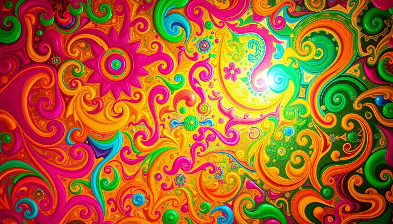 A vibrant, kaleidoscopic display of intricate, lively patterns cascades across the frame. Swirling, undulating shapes in a vibrant spectrum of colors - crimson reds, emerald greens, sapphire blues, and golden yellows - intertwine and overlap, creating a mesmerizing, dynamic composition. The patterns have a fluid, organic quality, as if they are constantly in motion, pulsing with energy. Soft, diffuse lighting bathes the scene, casting a warm, inviting glow and lending a sense of depth and dimensionality. The overall effect is one of joyful, captivating visual interest, perfectly suited to transform any room into an oasis of color and visual delight.