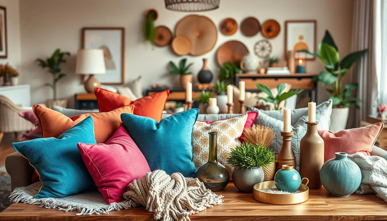 A vibrant still life arrangement of diverse home accessories and decorative items, bathed in warm, soft lighting. In the foreground, an assortment of colorful throw pillows, plush blankets, and decorative vases are elegantly displayed on a wooden coffee table. The middle ground features a mix of potted plants, candles, and decorative trays, adding layers of texture and visual interest. In the background, a cozy living room setting with a stylish area rug, wall art, and hints of natural elements like wood and greenery, creating a harmonious, inviting atmosphere. The overall composition showcases a visually captivating and visually stimulating display of color, shape, and texture, perfectly capturing the essence of adding personality through colorful home accessories.