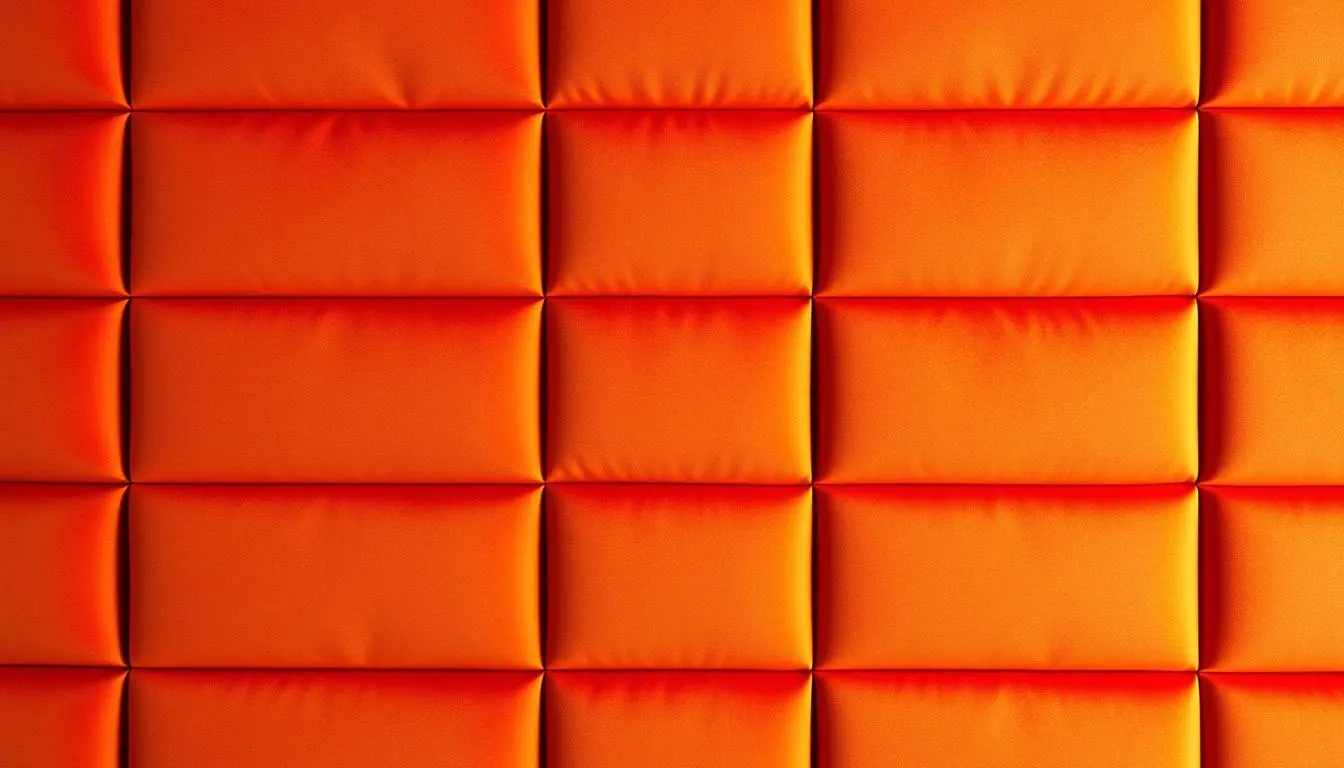 A vibrant, tactile fabric wall panel in a warm, earthy color palette. The panels are made of a rich, lush velvet material, with a slightly napped texture that catches the light and creates a cozy, inviting atmosphere. The panels are arranged in a clean, grid-like pattern, with the edges of each panel subtly highlighted to create depth and dimension. The lighting is soft and diffused, casting gentle shadows that accentuate the texture and depth of the fabric. The overall impression is one of luxurious sophistication, perfect for adding warmth and character to any space.