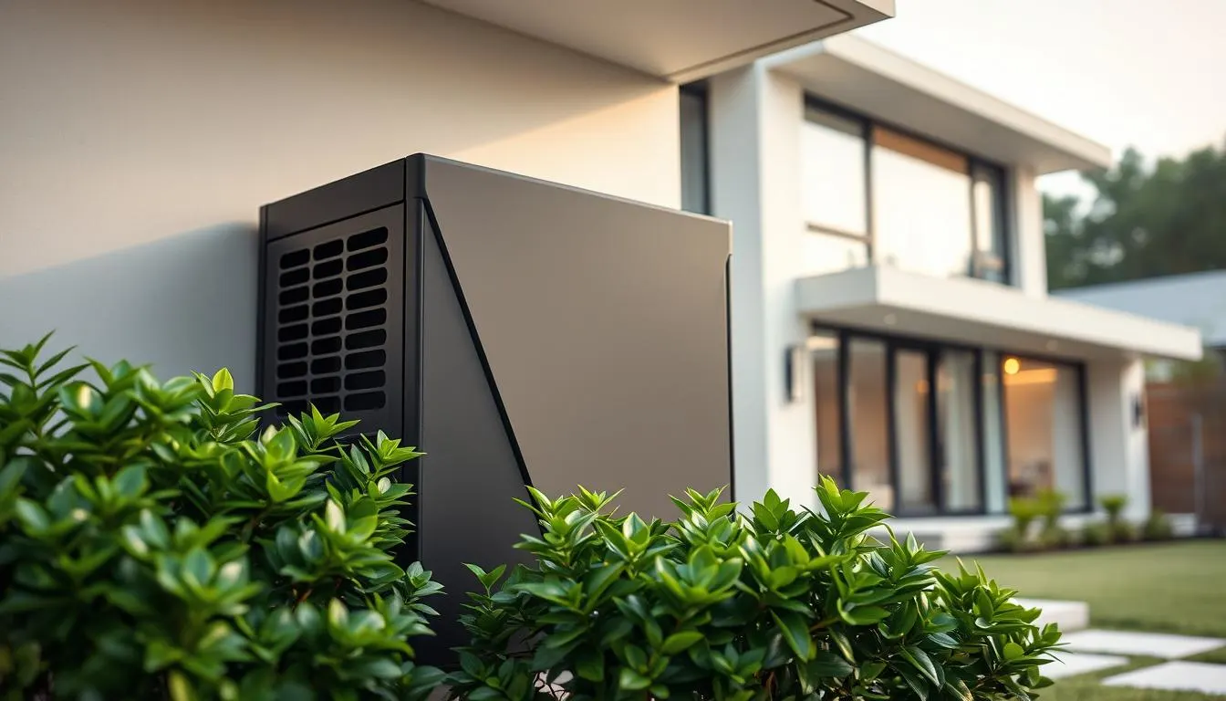 A well-crafted, stylish AC cover design for a modern, minimalist home. The cover features clean, geometric lines and a sleek, matte black finish that seamlessly blends into the home's architectural elements. Soft, diffused lighting creates a warm, inviting ambiance, while strategic camera angles showcase the cover's integration with the surrounding landscaping. The middle ground includes lush, verdant foliage that frames the AC unit, conveying a sense of harmony between the functional and the aesthetic. In the background, a contemporary, two-story home with large windows and a flat roof provides the perfect backdrop, emphasizing the cover's complementary design.