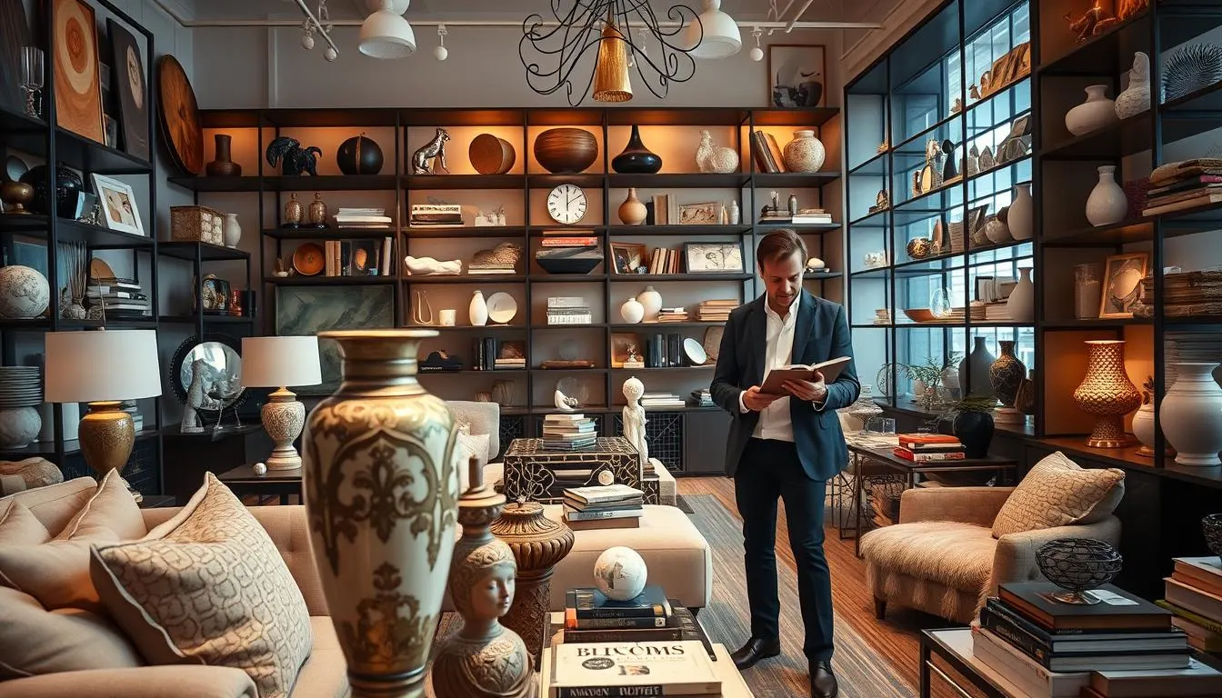 A well-lit, high-end home interior design studio filled with a curated selection of luxury decor items. In the foreground, an interior designer examines a large, ornate vase, considering its fit within the room's aesthetic. The middle ground showcases an assortment of plush throw pillows, decorative sculptures, and artfully arranged coffee table books. The background reveals floor-to-ceiling shelves brimming with an eclectic mix of unique home accents, all bathed in warm, soft lighting that creates a sophisticated, inviting atmosphere. The scene conveys the meticulous, thoughtful process of selecting premium home furnishings to craft a cohesive, high-end living space.