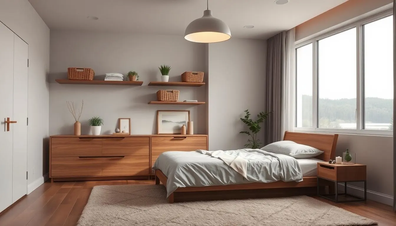 A well-organized bedroom with neatly arranged storage solutions. A wooden dresser with clean lines, complemented by sleek floating shelves displaying decorative baskets and potted plants. Soft, diffused lighting from a minimalist ceiling fixture casts a warm glow, creating a tranquil, restful ambiance. In the foreground, a plush area rug in muted tones anchors the space, while the background features a large window overlooking a serene, natural landscape, blurring the boundaries between indoors and out. The overall impression is one of order, calm, and an environment conducive to better sleep.