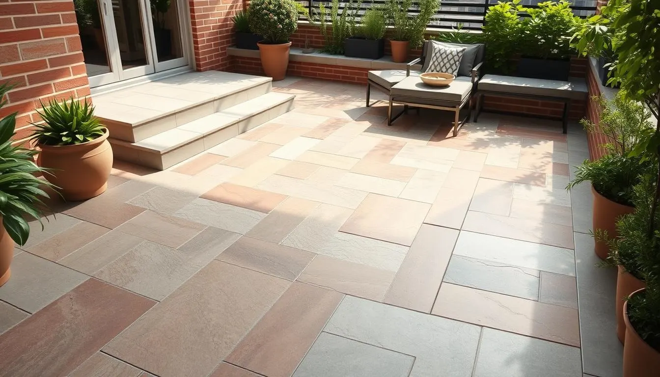 Highly detailed, photorealistic image of an urban patio deck with a sleek, modern tile flooring transformation. The tiles are arranged in an intricate herringbone pattern, featuring a mix of warm-toned natural stones and cool-toned concrete-like tiles. The patio is situated in a cozy, sun-drenched corner, surrounded by lush greenery and brick walls. Soft, diffused lighting creates a relaxing, inviting atmosphere. The camera angle showcases the elegant, cohesive design, capturing the seamless integration of the new flooring with the existing patio structure. The overall scene conveys a sense of urban sophistication and a revitalized outdoor living space.