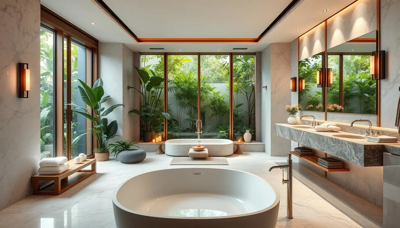 Luxurious spa-inspired bathroom with serene, minimalist design. Sleek, freestanding bathtub in the foreground, surrounded by lush greenery and natural light from large windows. Elegant double vanity with stone countertops and modern fixtures in the middle ground. Plush towels, scented candles, and a zen meditation cushion create a tranquil, wellness-focused atmosphere. Soft, diffused lighting from overhead fixtures and sconces, lending a warm, soothing glow. High-end, natural materials like marble, wood, and stone throughout, exuding a sense of opulence and relaxation. Seamless integration of high-tech features like smart mirrors and touchless faucets for a truly indulgent self-care experience.