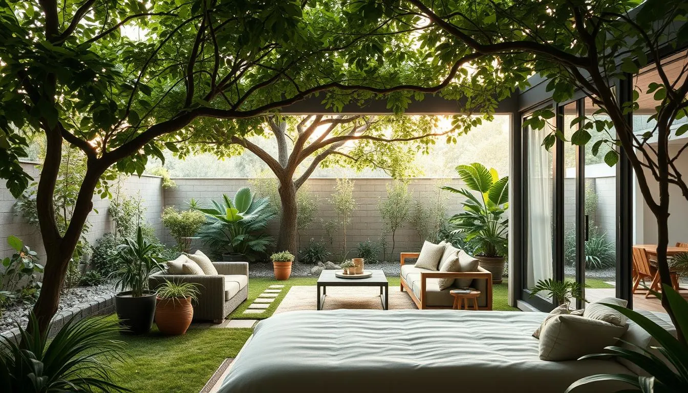 Outdoor bedroom spaces with seamless indoor-outdoor flow. A lush, verdant backyard landscape sets the stage, with a cozy lounge area nestled beneath a canopy of trees. Soft, diffused natural light filters through, creating a serene, almost ethereal ambiance. Plush, weatherproof furnishings invite relaxation, while strategically placed potted plants and lush greenery blur the boundaries between indoors and out. A large, sliding glass door or french doors open up to this tranquil oasis, allowing the space to breathe and the senses to be enveloped by the calming outdoor atmosphere. Overall, a harmonious fusion of comfortable living and lush, naturalistic elements.