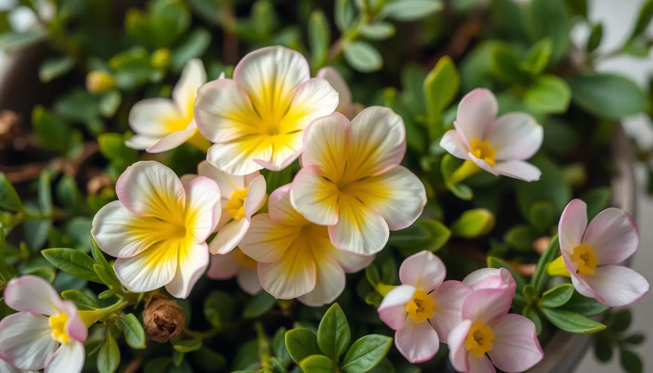 Primroses living decor spring botanical accents: A delicate, pastel-hued composition showcasing a cluster of vibrant primrose flowers nestled among lush, verdant foliage. The primroses, with their soft petals and cheerful hues, take center stage, surrounded by a harmonious arrangement of complementary greenery. Soft, diffused lighting casts a warm, natural glow, highlighting the intricate details and textures of the botanicals. The overall scene evokes a sense of tranquility and the refreshing essence of early spring, perfectly capturing the essence of this seasonal plant for home decor.