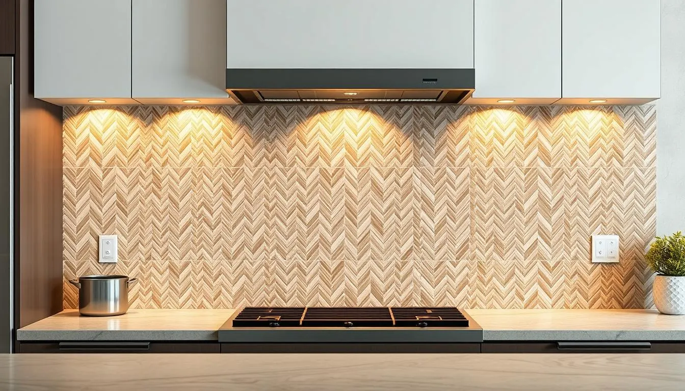 a highly detailed and realistic image of a modern kitchen backsplash featuring a classic herringbone pattern, with intricate tile work in a sophisticated neutral color palette, illuminated by warm, diffused lighting that casts subtle shadows, creating a sense of depth and texture. The backsplash spans the full width of the kitchen, seamlessly integrating with the surrounding countertops and cabinetry, exuding a timeless, elegant aesthetic that would complement a wide range of kitchen design styles.