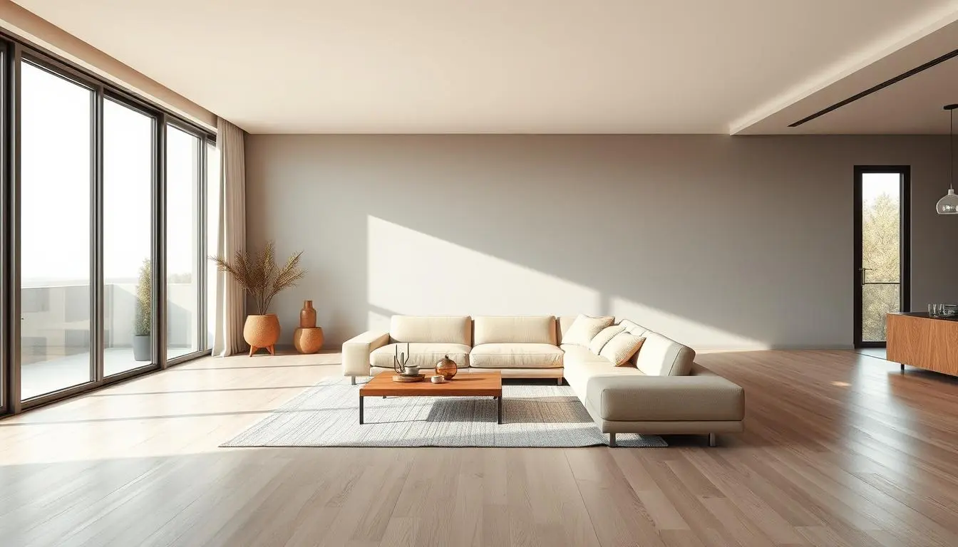 a minimalist modern interior with clean lines, a neutral color palette, and an emphasis on natural materials. a spacious living room with large windows that flood the space with soft, diffused lighting. a low, sleek sofa in beige leather or linen, complemented by a wooden coffee table and simple, geometric decor accents. the walls are painted a soft, muted gray, and the floors are made of light-colored hardwood. the overall atmosphere is one of calm, understated elegance and a focus on functionality and simplicity.