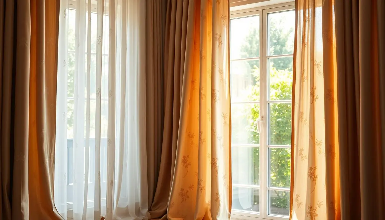 A sunlit room with floor-to-ceiling curtains in soft, shimmering fabrics. Delicate floral patterns dance across the fabric, reflecting the warm glow of the afternoon light. The curtains billow gently, creating a sense of elegant movement and flow. In the foreground, a luxurious velvet curtain panel in a rich, jewel-toned hue adds depth and texture. The middle ground features a mix of on-trend curtain styles, including sheer linen panels and cascading, asymmetrical designs. In the background, the window frames offer a glimpse of a lush, verdant garden, further enhancing the serene, nature-inspired ambiance. Crisp, high-resolution photography with a shallow depth of field to showcase the intricate details and soft, diffused lighting.