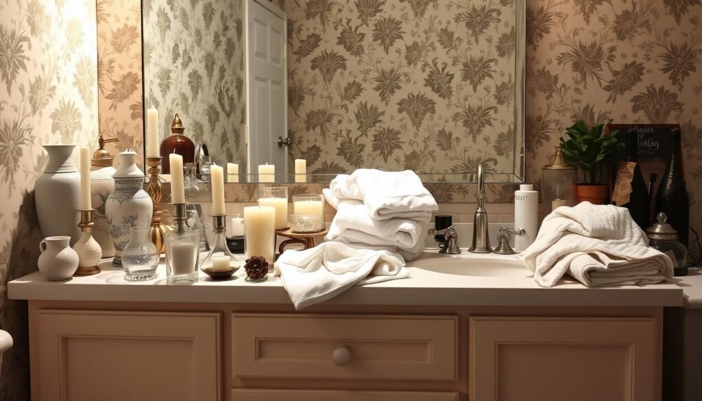 A bathroom vanity countertop filled with haphazardly arranged decor items, creating a cluttered and disorganized display. The foreground features a jumble of vases, candles, and trinkets placed without consideration for balance or visual harmony. In the middle ground, towels and other linens are carelessly draped, disrupting the clean lines of the vanity. The background showcases a busy wallpaper pattern that competes for attention, further contributing to the sense of visual chaos. The overall lighting is harsh, casting unflattering shadows and highlighting the chaotic arrangement. The scene conveys a feeling of disorganization and a lack of intentional styling, serving as a cautionary example of common vanity display mistakes.