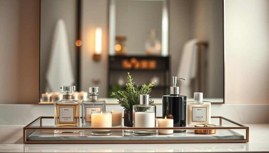 A beautifully styled vanity tray arrangement, featuring an assortment of bathroom accessories. In the foreground, a glass or marble tray holds a mix of elegantly displayed perfume bottles, candles, and a minimalist soap dispenser. The middle ground showcases a small potted plant, its lush greenery adding a natural touch. In the background, a sleek, modern mirror reflects the entire scene, creating a sense of depth and sophistication. Soft, even lighting casts a warm, inviting glow, accentuating the luxurious textures and tones. The overall atmosphere exudes a spa-like ambiance, inspiring a relaxing and indulgent bathroom experience.