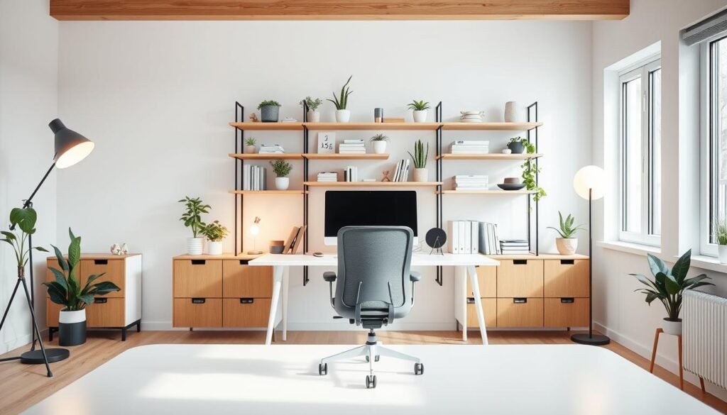 A bright, airy Scandinavian-inspired home office with clean lines, natural wood tones, and minimalist decor. In the foreground, a sleek white desk with a modern computer setup. Behind it, a wall-mounted shelving unit displaying potted plants, books, and decorative accents. The middle ground features an ergonomic office chair in a muted grey upholstery. Indirect lighting from floor lamps and a large window in the background casts a warm, natural glow throughout the space. The overall atmosphere is one of organization, productivity, and serene simplicity.