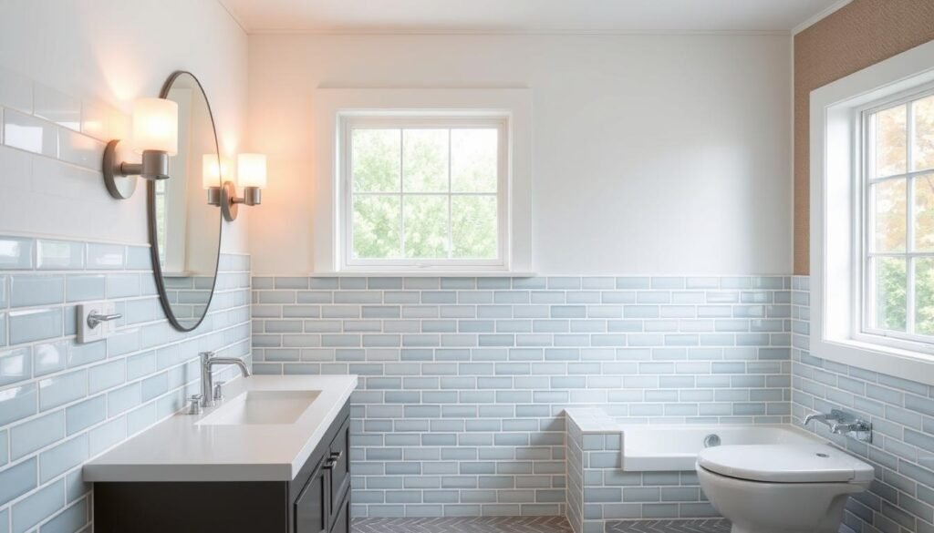 A bright, airy bathroom with classic subway tiles in a modern, geometric arrangement. The tiles are in shades of soft blue and gray, with an eye-catching herringbone pattern that adds visual interest. Warm, diffused lighting from sconces and a large window casts a gentle glow, highlighting the subtle texture and depth of the tiles. The layout is clean and minimalist, with a sleek vanity and modern fixtures complementing the tile design. An accent wall in a complementary neutral tone provides a stylish backdrop, creating a balanced and harmonious space that blends tradition and innovation.