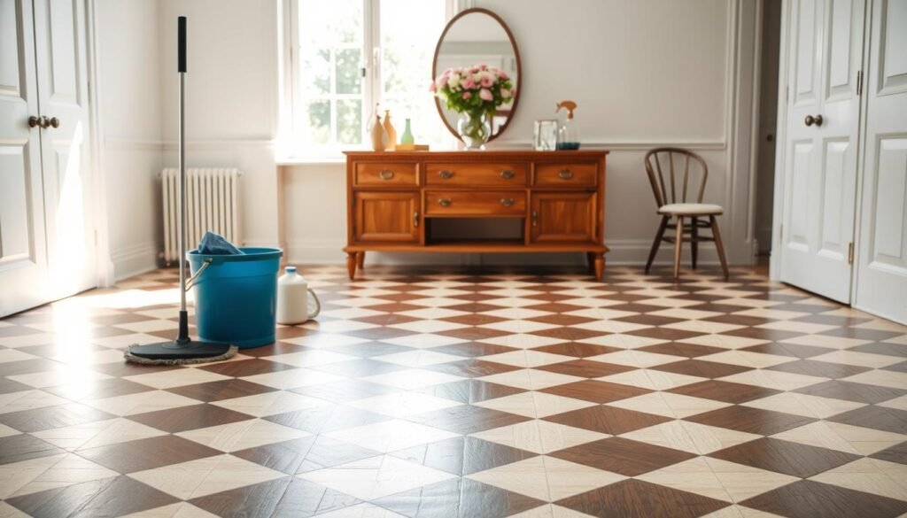A bright, well-lit bedroom setting with a large, neatly arranged checkered floor pattern. In the foreground, a mop, a bucket, and cleaning supplies are carefully arranged, suggesting a scene of routine floor maintenance. The middle ground features a wooden dresser or vanity, with a vase of fresh flowers adding a touch of elegance. The background showcases a large window, allowing natural light to filter in and highlighting the intricate design of the checkered floor. The overall atmosphere conveys a sense of order, cleanliness, and timeless sophistication, perfectly complementing the "Checkered Floors Bedroom Designs: Timeless Elegance" theme.