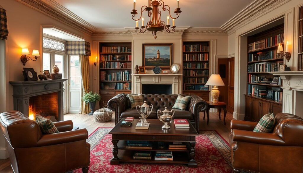 A cozy British living room with a roaring fireplace, plush leather armchairs, and a handwoven area rug. In the middle ground, a classic chesterfield sofa and a mahogany coffee table adorned with antique books and a silver tea set. Against the far wall, built-in bookshelves filled with volumes of classic literature. Soft ambient lighting from sconces and a brass chandelier casts a warm glow, creating a refined, welcoming atmosphere. Ornate moldings, tartan throws, and a bay window overlooking a garden complete the quintessential British interior design elements.