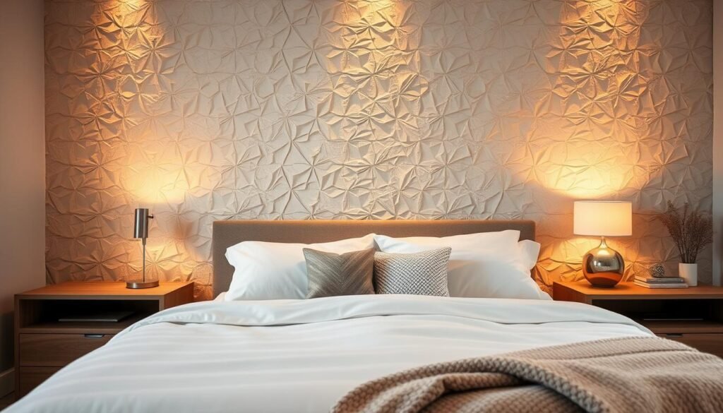 A cozy and inviting bedroom with a stunning textured accent wall that adds depth and character. The wall features a intricate pattern of overlapping geometric shapes, creating a visually striking and tactile surface. Soft, warm lighting casts a gentle glow, highlighting the subtle variations in the wall's texture. In the foreground, a plush, neutral-toned bed with crisp, white linens invites relaxation. Decorative pillows and a textured throw blanket complement the accent wall's design. The overall atmosphere is one of tranquility and sophistication, creating a serene and inviting space.
