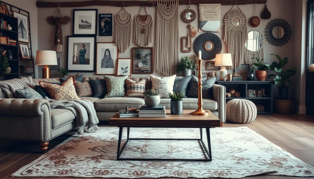 A cozy and inviting bohemian-style living room with a layered, textural aesthetic. In the foreground, a plush, tufted sofa is adorned with an array of patterned throw pillows and a knit blanket. On the floor, a large, distressed area rug grounds the space. In the middle ground, a wooden coffee table is topped with stacks of books, a potted plant, and a brass candleholder. Behind it, a eclectic gallery wall showcases framed artwork, macrame wall hangings, and decorative mirrors. Soft, warm lighting filters in through a large window, casting a gentle glow on the room. The overall mood is one of relaxed, effortless elegance.
