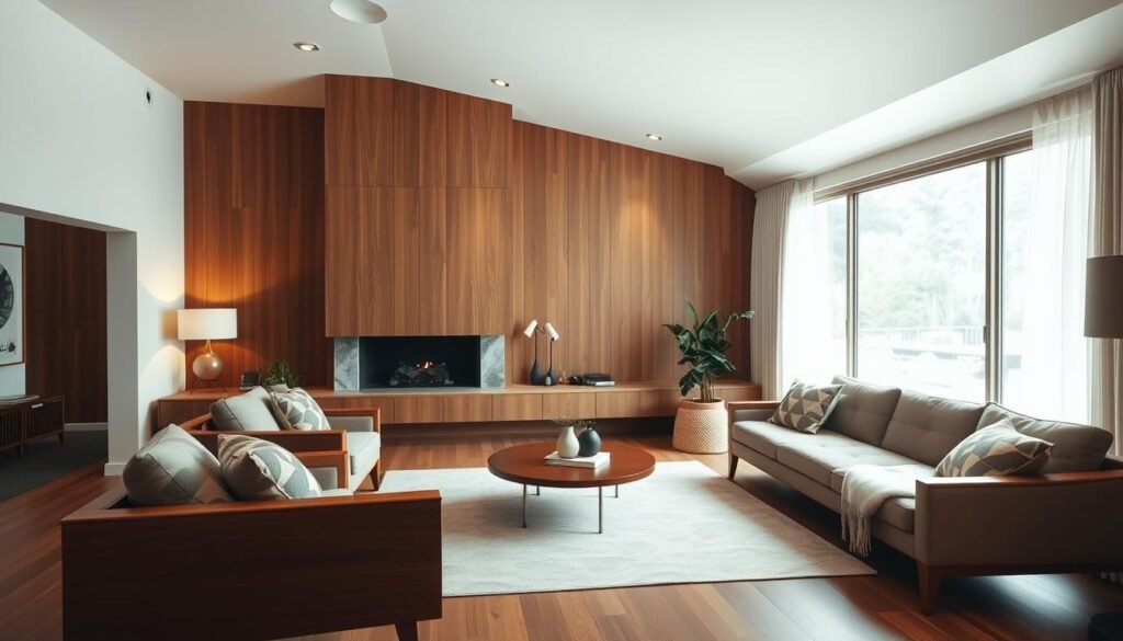 A cozy and inviting mid-century modern living room, bathed in warm, diffused lighting from a large picture window. Sleek, low-profile furniture in rich wood tones and muted upholstery colors create a harmonious, sophisticated ambiance. Geometric patterns and organic shapes on throw pillows and area rugs add visual interest, while a minimalist, angular fireplace makes for a striking focal point. Minimalist yet stylish, the room exudes a sense of timeless elegance and effortless sophistication, perfectly capturing the essence of the mid-century modern design revival.