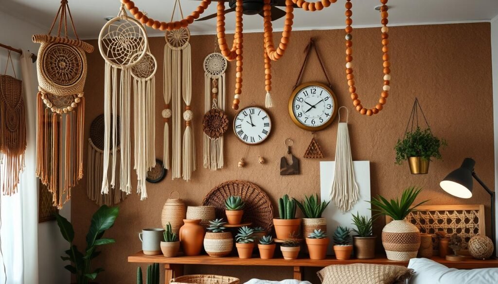 A cozy bohemian bedroom with an array of unique, artisanal accessories arranged in a visually captivating display. In the foreground, handwoven macrame wall hangings, beaded dream catchers, and wooden bead garlands cascade from the ceiling, casting soft, ambient lighting. In the middle ground, an assortment of terracotta pots, woven baskets, and potted succulents adorn a wooden shelf, complemented by a vintage-inspired wall clock and a hanging brass planter. The background features a textured, earthy-toned accent wall, adding depth and warmth to the scene. The overall atmosphere is one of tranquility, comfort, and a touch of whimsy, perfectly capturing the essence of elevated bohemian flair.