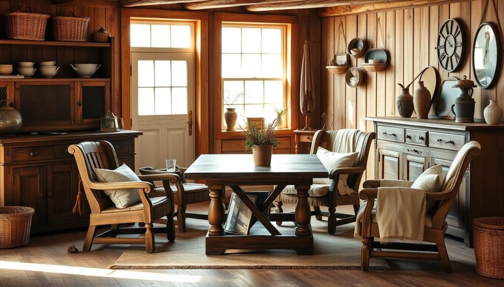 A cozy farmhouse interior with rustic wooden furniture, including a sturdy farmhouse table, vintage armchairs, and a weathered sideboard. The scene is bathed in warm, natural lighting, casting a inviting glow on the textured surfaces. Soft linen fabrics, woven baskets, and antique decor pieces complement the rustic aesthetic. The composition showcases the charm and lived-in character of the farmhouse furnishings, creating an atmosphere of comfort and timeless elegance.