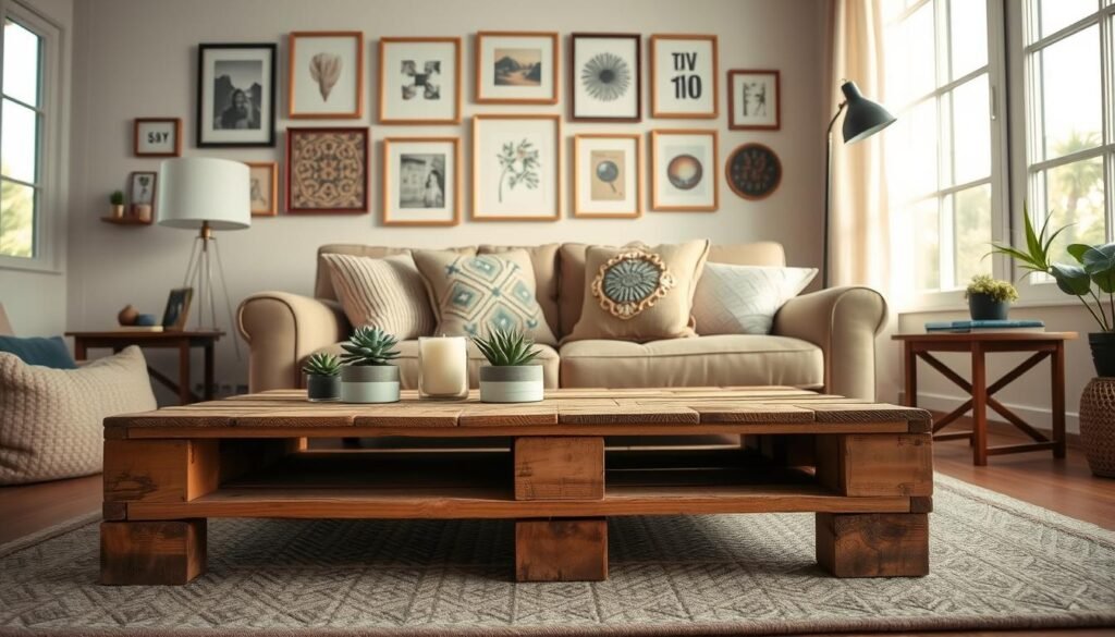A cozy living room with a rustic-chic vibe. In the foreground, a repurposed wooden pallet transformed into a stylish coffee table, adorned with simple decor like potted succulents and a candle. In the middle, a plush, neutral-colored sofa accented with handmade throw pillows. The walls feature a gallery wall of framed DIY artwork, creating a warm and inviting atmosphere. Soft, natural lighting filters in through large windows, highlighting the textural elements of the room. The overall aesthetic blends comfort and style, showcasing budget-friendly, homemade furnishings and decor.