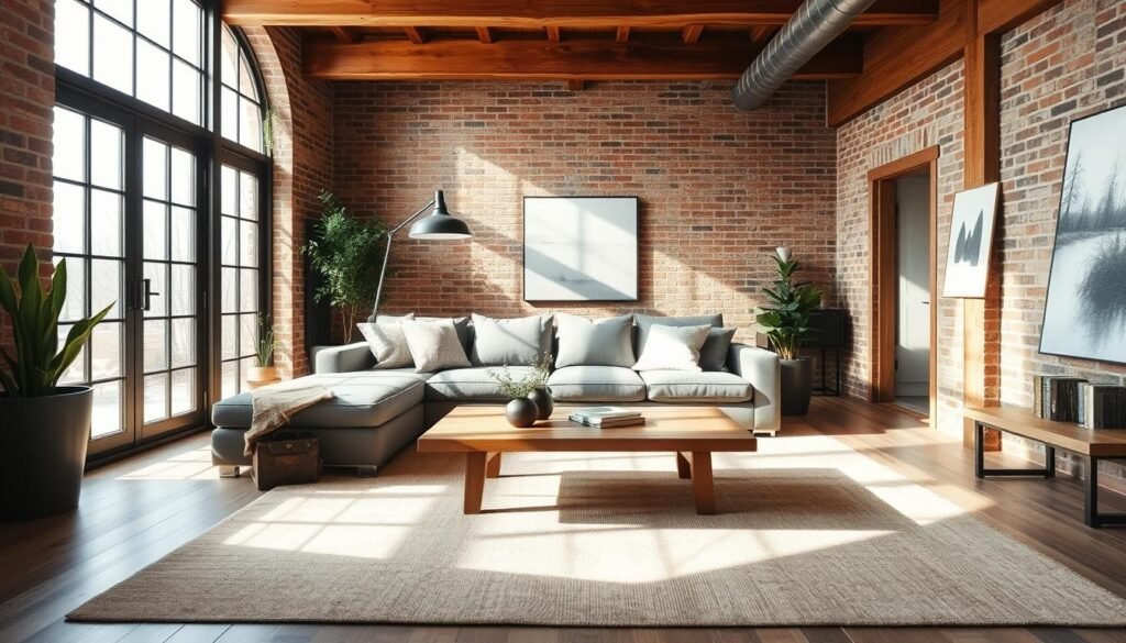A cozy, modern rustic living room with warm wooden beams, exposed brick walls, and a large area rug in earth tones. Sunlight streams in through oversized windows, casting a soft glow on the plush gray sectional sofa and wooden coffee table. Minimalist decor includes a stylish floor lamp, houseplants, and natural fiber accents. The space has a masculine, sophisticated feel with a touch of industrial charm.