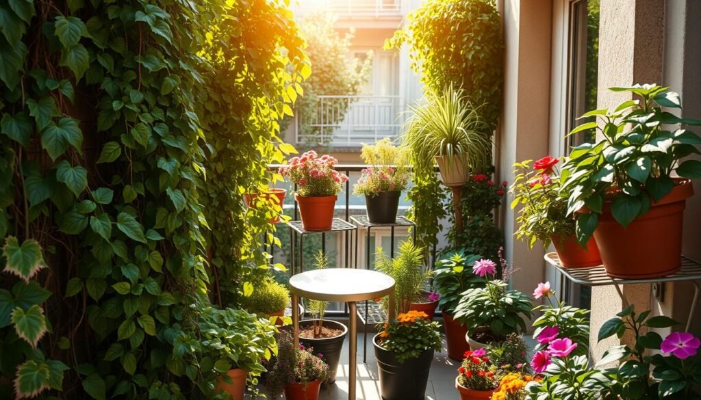 A cozy, sun-dappled balcony oasis, its small space transformed by lush, verdant foliage. In the foreground, a vibrant arrangement of potted plants - trailing vines, leafy greens, and cheerful blooms in a rainbow of colors. The middle ground features a compact table and chairs, inviting relaxation amidst the thriving greenery. In the background, the balcony's architecture frames the scene, with a warm, golden light filtering through. The overall mood is one of serenity and connection with nature, capturing the year-round joy of nurturing a tiny balcony garden.