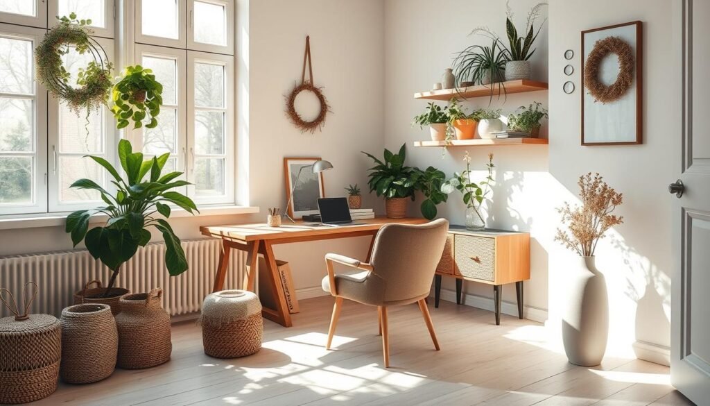 A cozy, sun-drenched Nordic home office with a wooden desk, a plush armchair, and lush potted plants cascading from floating shelves. Soft natural light filters through large windows, casting warm shadows on the pale wooden floors. Textured woven baskets, a rustic dried flower wreath, and a minimalist ceramic vase accent the space, creating a harmonious blend of organic elements. An elegant silver desk lamp and sleek metal framed artwork complete the chic, nature-inspired design. Capture the tranquil, Scandinavian-inspired atmosphere with a wide-angle lens, highlighting the seamless integration of the natural world within this functional yet stylish workspace.