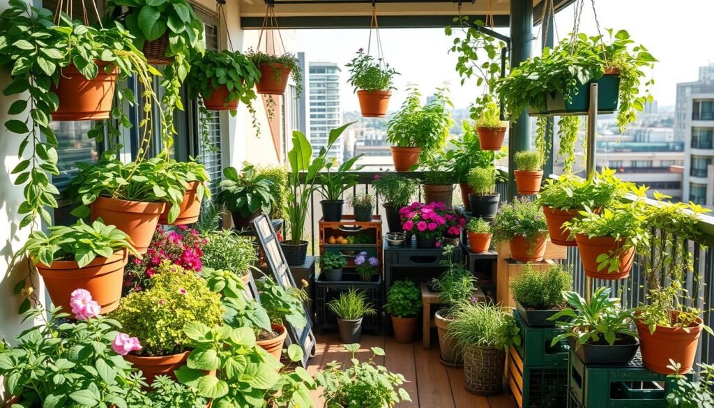 A cozy, sun-drenched balcony overflowing with lush, thriving container gardens. In the foreground, a variety of potted plants - fragrant herbs, vibrant flowers, and leafy greens - arranged in a harmonious, space-saving layout. Trailing vines cascade from hanging baskets, adding a touch of whimsy. The middle ground showcases an assortment of compact planters, crates, and tiered stands, each hosting a diverse array of flora. The background frames the scene with a cityscape, hinting at the small-space challenge conquered. Warm, natural lighting bathes the entire composition, evoking a sense of tranquility and the joys of urban oasis-making. The overall impression is one of lush abundance, practical design, and a masterful transformation of a limited balcony into a thriving, personalized green retreat.