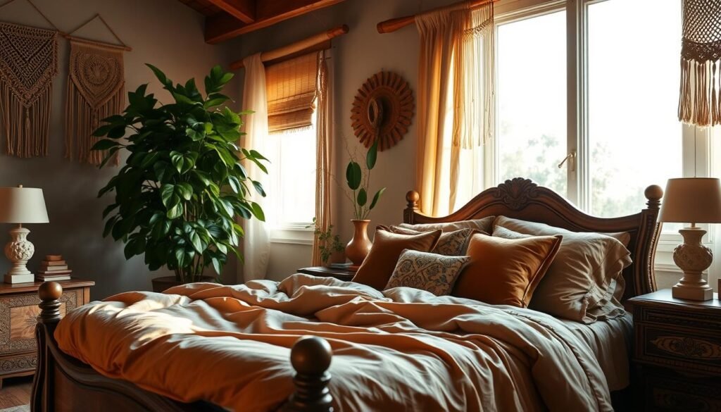 A cozy, well-lit bedroom with a serene, bohemian atmosphere. In the foreground, a large, ornate wooden bed frame is adorned with flowing, natural-toned linens and a plush, earthy-colored comforter. Atop the bed, an array of plush throw pillows in earthy tones and patterns. In the middle ground, a large, leafy potted plant stands in the corner, its lush foliage cascading down. On the nightstands, a pair of decorative, natural-stone lamps emit a warm, soft glow. In the background, a large, airy window allows natural light to flood the space, casting a gentle, golden hue across the scene. The walls are adorned with hanging macrame and woven wall hangings, complementing the natural, bohemian aesthetic.