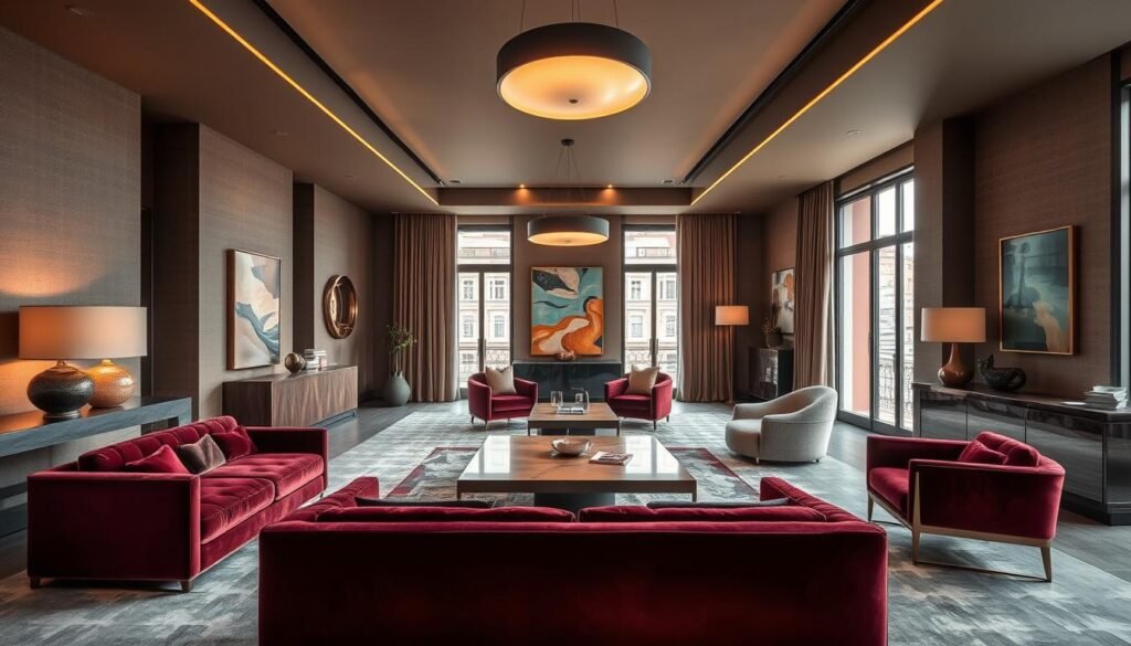 A lavish Madrid interior design studio filled with sophisticated, artistic flair. In the foreground, a plush velvet sofa in a rich burgundy hue sits elegantly against a backdrop of textured walls in muted tones. Sleek, modern lighting fixtures cast a warm, inviting glow, while bespoke furniture pieces and curated artwork adorn the space, creating a harmonious and visually compelling atmosphere. The middle ground features a large, statement-making coffee table made of polished wood and sleek metal, surrounded by comfortable armchairs in complementary hues. The background showcases floor-to-ceiling windows, allowing natural light to flood the room and providing a glimpse of the vibrant Madrid cityscape outside. The overall scene exudes a sense of refined elegance and artistic sensibility, perfectly capturing the essence of Jaime Hayon's design aesthetic.