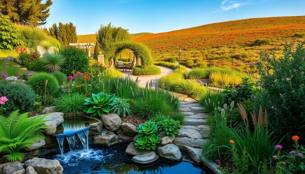 A lush, verdant garden filled with a diverse array of native plants and flowers, nestled amidst a rolling landscape. In the foreground, a tranquil pond with a cascading waterfall, surrounded by smooth boulders and lush ferns. The middle ground features a winding path lined with low-maintenance, drought-tolerant shrubs and grasses, leading to a cozy seating area shaded by a canopy of mature trees. In the background, a gently sloping hill covered in a vibrant tapestry of wildflowers, with a clear blue sky overhead, illuminated by warm, diffused natural lighting. Conveying a sense of harmony, sustainability, and connection with the natural world.