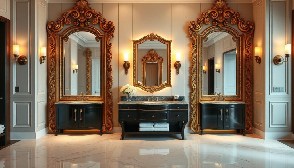 A luxurious bathroom with a stylish vanity, adorned with exquisite decorative mirrors that reflect the warm, ambient lighting. The mirrors have intricate, gilded frames that add a touch of elegance. The vanity is made of rich, dark wood, complemented by sleek, modern fixtures. Soft, diffused lighting emanates from sconces on the walls, creating a tranquil and inviting atmosphere. The floors are covered in smooth, polished marble tiles, and the walls feature a sophisticated, neutral color palette. The overall scene exudes a sense of sophisticated, high-end style and relaxation.