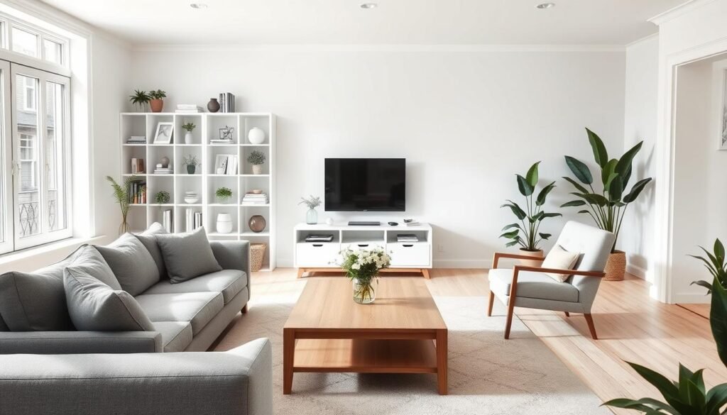 A minimalist Scandinavian-style living room with white walls, light wood floors, and large windows flooding the space with natural light. In the foreground, a plush gray sofa and armchair arranged around a low wooden coffee table. On the table, a simple vase of fresh flowers. In the middle ground, a sleek white media console with a flat-screen TV mounted above. Bookshelves line the walls, filled with plants and decorative objects in muted tones. The background features a geometric-patterned area rug and potted plants in the corners, creating a serene, harmonious atmosphere.