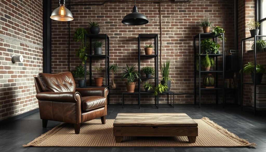 A minimalist industrial loft interior with a focus on texture. In the foreground, a distressed leather armchair sits atop a woven area rug, the fabric's intricate patterns adding visual interest. The middle ground features a rustic wooden coffee table, its weathered surface complementing the brick walls behind it. Overhead, industrial-style pendant lights cast a warm, moody glow, illuminating the space and highlighting the textural elements. In the background, metal shelving units display an array of potted plants, their verdant foliage creating a natural contrast against the neutral color palette. The overall scene conveys a sense of sophistication and understated elegance, showcasing how thoughtfully incorporated textures can elevate an industrial-inspired living space.