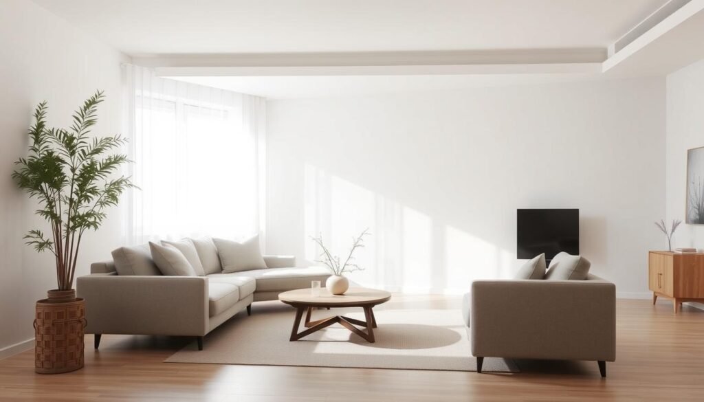 A minimalist living room with a neutral color palette, featuring a clean-lined sofa, a low wooden coffee table, and a single decorative accent piece, such as a potted plant or a minimalist vase. The room is bathed in soft, diffused natural lighting from a large window, creating a serene and calming atmosphere. The space is uncluttered, with a focus on simplicity and functionality, showcasing the beauty of understated elegance.