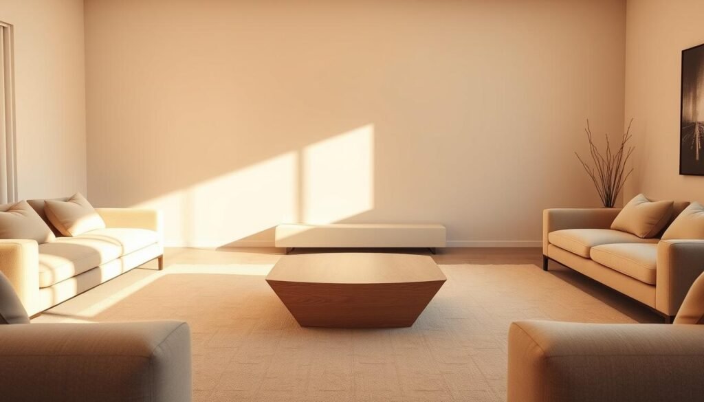 A minimalist living room with a striking focal point. The room is bathed in warm, diffused lighting from a large window, creating a serene, calming ambiance. In the center, a sleek, geometric-shaped coffee table made of light-colored wood stands as the room's centerpiece, drawing the eye. Surrounding it, plush, neutral-toned furniture creates a harmonious, uncluttered arrangement. The walls are a soft, muted tone, allowing the furniture and the focal point to shine. The overall atmosphere is one of understated elegance and visual balance, inviting relaxation and contemplation.
