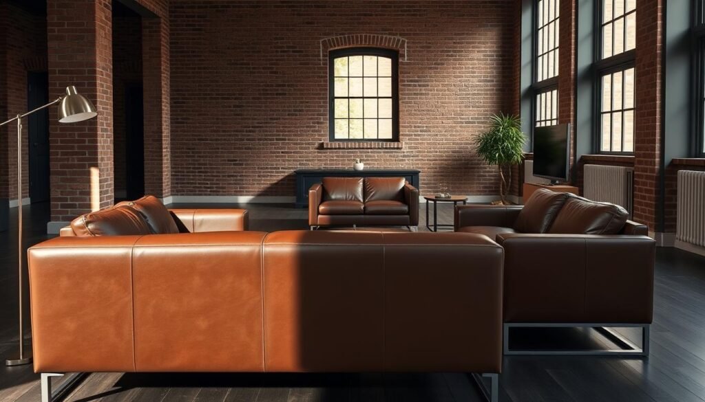 A minimalist, modern apartment interior with a focus on premium leather furniture for men. In the foreground, a sophisticated, deep brown leather sofa with clean lines and a masculine silhouette. On the middle ground, a matching leather armchair and ottoman, arranged in a cozy conversational setting. The background features exposed brick walls, dark wood floors, and large windows letting in warm, natural lighting. Accent pieces like a minimalist metal floor lamp and sleek, angular coffee table complement the premium leather furnishings, creating an elevated, masculine ambiance. The overall scene exudes a sense of refined elegance and understated luxury.