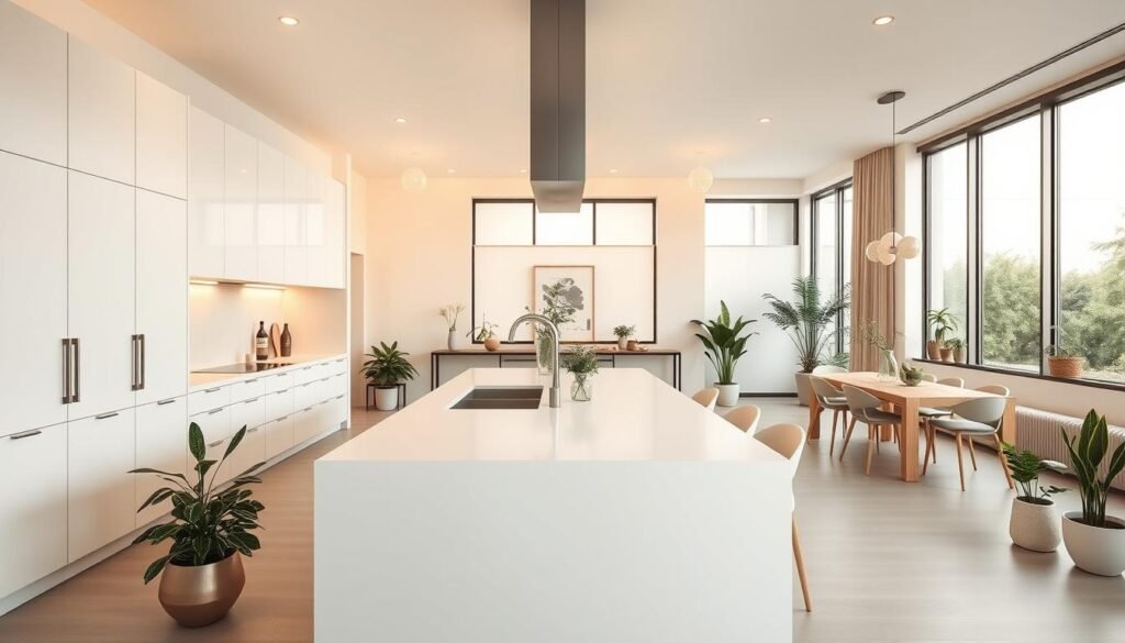 A minimalist, modern kitchen in neutral tones fills the frame. The spacious, well-lit room features a sleek, handleless white cabinets and a large central island with a smooth, matte countertop. Scattered throughout the space are potted plants and a few carefully curated decor pieces, adding pops of natural greenery. Warm, diffused lighting from overhead fixtures creates a calming, serene atmosphere. The kitchen seamlessly flows into an adjacent dining area with a simple, modern table and chairs. Large windows allow ample natural light to flood the space, blending the indoors with the outdoors. The overall aesthetic is sophisticated, cohesive, and visually striking.