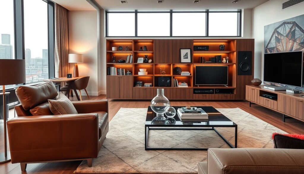 A modern, masculine apartment interior with warm lighting and clean lines. In the foreground, a comfortable leather armchair and a sleek, minimalist coffee table with a stylish glass vase. In the middle ground, a large area rug with a geometric pattern and a wooden entertainment unit displaying various decorative elements, such as books, sculptures, and a state-of-the-art sound system. The background features floor-to-ceiling windows, letting in natural light and offering a glimpse of a cityscape outside. The overall atmosphere is sophisticated, cozy, and reflective of a successful, design-conscious bachelor's living space.