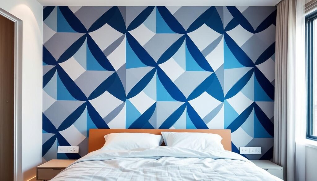 A modern, well-lit bedroom with a bold, geometric accent wall. The wall features a striking pattern of sharp-edged, intersecting shapes in vibrant shades of blue, gray, and white. The pattern creates a dynamic, eye-catching visual effect that adds depth and dimension to the space. The lighting is soft and diffused, creating a warm, inviting atmosphere. The camera captures the wall at a slight angle, highlighting the three-dimensional quality of the pattern. The overall scene conveys a sense of sophisticated, contemporary style that would transform the bedroom into a visually captivating and harmonious space.